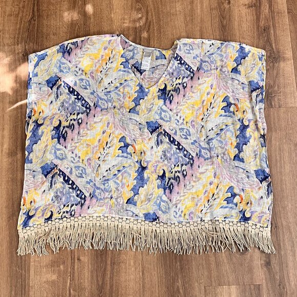 Chicos Linen Weave Poncho Cape Watercolor Paisley Crochet Fringe L/XL - Picture 6 of 13